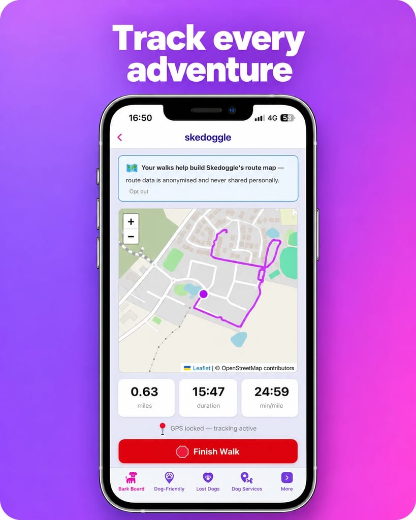 Walk Tracker with a GPS route and live walk statistics.